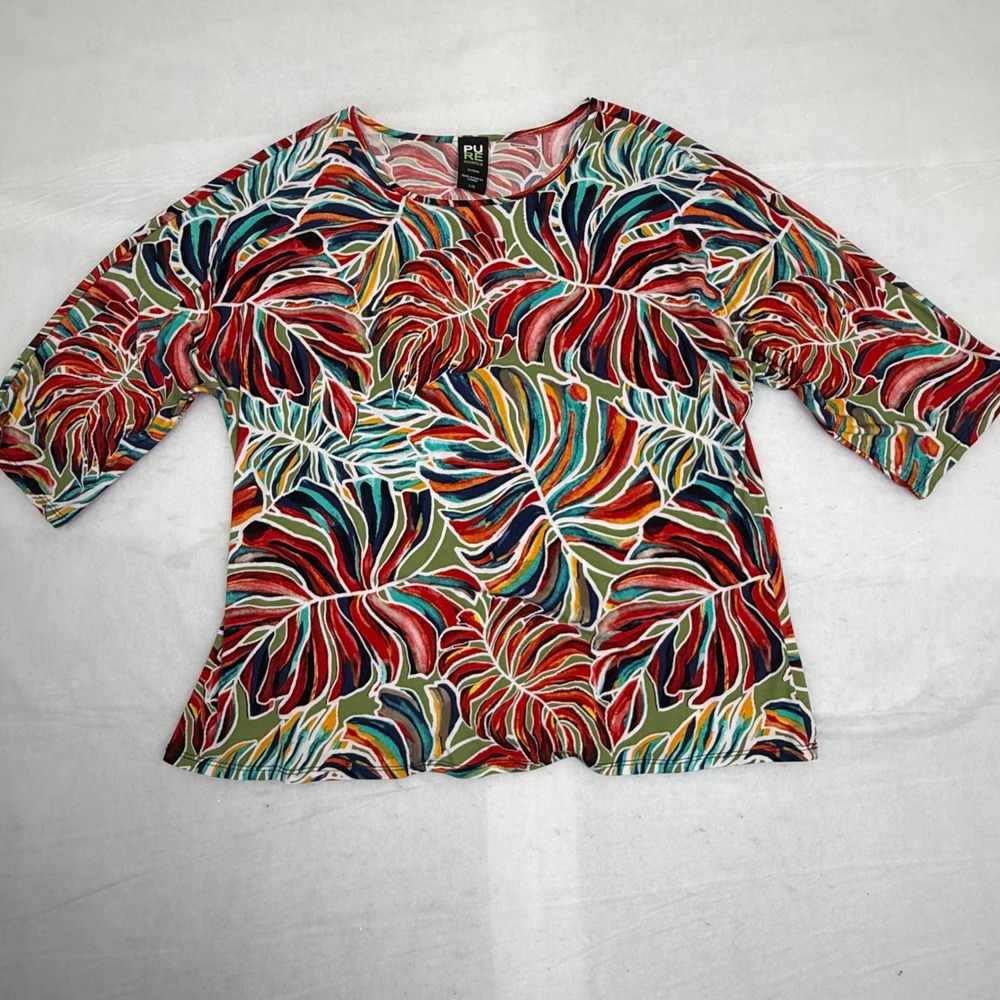 Pure Essence Womens Large Tropical Palm Leaf 3/4 Sleeve‎ Top Red Green Multi L